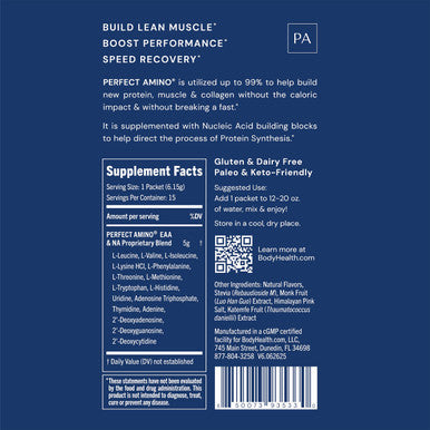 BodyHealth PerfectAmino Powder - BCAA and EAA Powder for Pre and Post Workout - Amino Acid Energy Drink for Men and Women to Support Lean Muscle and Recovery - Chocolate - Stick Packs - 15 Servings