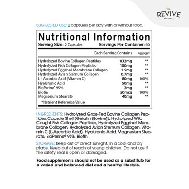 Revive Naturals Multi Collagen Protein Capsules - 120 Count - Types I II III V & X - Hydrolysed Grass Fed Bovine Wild Caught Marine & Free-Range Chicken Made with Hyaluronic Acid & Vitamin C by Revive Naturals
