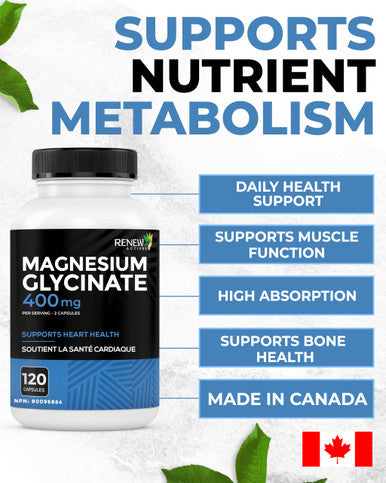 RENEW ACTIVES Magnesium Glycinate 400MG per 2 Capsules Pure Magnesium Bisglycinate for Full Body Relaxation Sleep Muscles Bones and Energy 120 Capsules