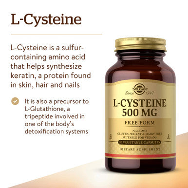 Solgar L-Cysteine 500 Mg 90 Vegetable Capsules - Free Form Amino Acid - Keratin Support For Skin Hair & Nails - Glutathione Support - Vegan Gluten Free Dairy Free Kosher - 90 Servings