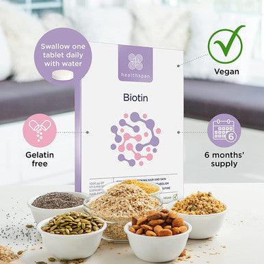 Healthspan Biotin 1,000g (6 Months Supply) | Vitamin B for Healthy Hair & Skin | Supports Macronutrient Metabolism | One-a-Day Tablets | Vegan