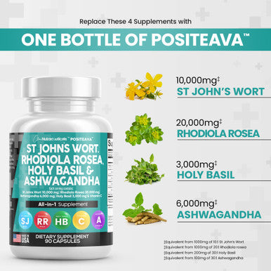 Clean Nutraceuticals St Johns Wort 10000Mg Rhodiola Rosea 20000Mg Holy Basil 3000Mg Ashwagandha 6000Mg - Mood Support For Women