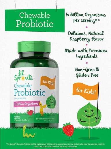 Carlyle Chewable Probiotics for Kids 200 Tablets 6 Billion CFUs Natural Raspberry Flavor | Non-GMO, Gluten Free Probiotics for Children