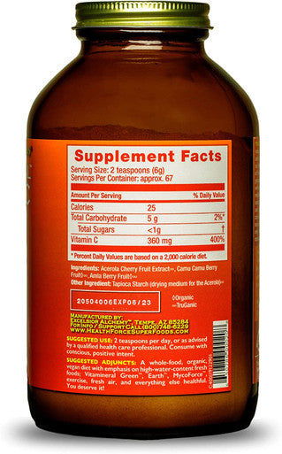 HealthForce SuperFoods Truly Natural Vitamin C - 400 Grams - Pack of 2 - Whole Food Vitamin C Complex from Acerola Cherry Powder - Immune Support - Vegan & Gluten Free - 134 Total Servings