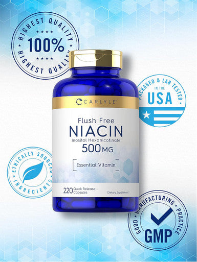Carlyle Niacin Flush 500mg | 220 Capsules | Non-GMO and Gluten Essential Vitamin