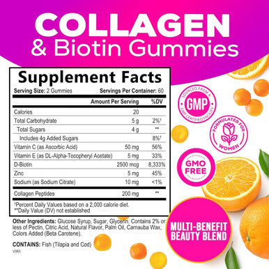 Collagen Gummies With 2500Mcg Biotin, Vitamin C & Zinc - Hydrolyzed Collagen Peptide Type 1 & 3 Supplement - Advanced Hair, Skin & Nail Growth Support For Women & Men, Gluten Free, Non-Gmo - 120 Count