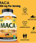 NaturaLife Labs Organic Maca Root Black Red Yellow 1900 MG per Serving - 150 Vegan Capsules