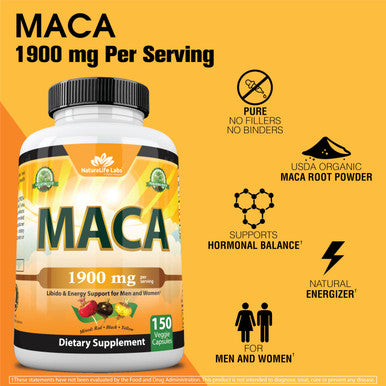 NaturaLife Labs Organic Maca Root Black Red Yellow 1900 MG per Serving - 150 Vegan Capsules