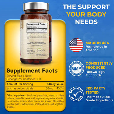 Zinc 50Mg [High Potency] Supplement - Immune Support System From Natural Zinc (Oxide/Citrate) 100 Tablets, Made By Nature'S Potent.