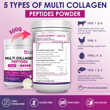 Nature Target Multi Collagen Peptides Powder - Type I, Ii, Iii, V, X - Hydrolyzed Collagen Peptides With Vitamin C Hyaluronic Aci