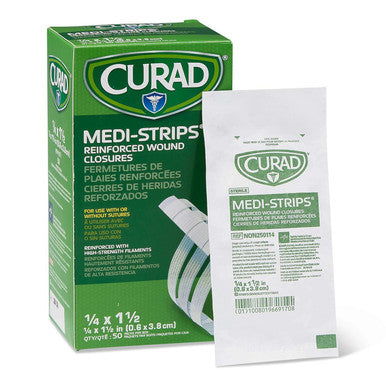 Curad Sterile Medi-Strips Reinforced Wound Closures 1/4" x 1 1/2" Hypoallergenic Pack of 1200 Strips 200 Pouches