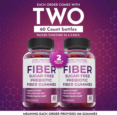 Atlantis Nutrition Sugar Fiber Gummies For Adults - 5G Fiber Supplement Formulated With 5.4G Prebiotic Digestive Blend - Supports Gut Health & Promotes Healthy Digestion - 2-Pack 120 Gummies