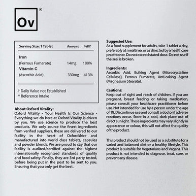 Iron + Vitamin C Tablets | Immune Health, Reduces Fatigue, Collagen Formation | Oxford Vitality (365)