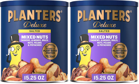 PLANTERS Deluxe Unsalted Mixed Nuts, Plant Based Protein, 15.25 Oz (1 Ct) | Mixed Nuts: Cashews, Almonds, Brazil Nuts, Pistachios, Pecans. Snacks for Adults. Resealable Canister. Party Snack