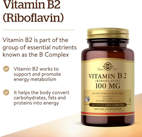 Solgar Vitamin B2 (Riboflavin) 100Mg 100 Vegetable Capsules Energy Metabolism Healthy Nervous System NonGmo Vegan Gluten Dairy Kosher 100 Servings