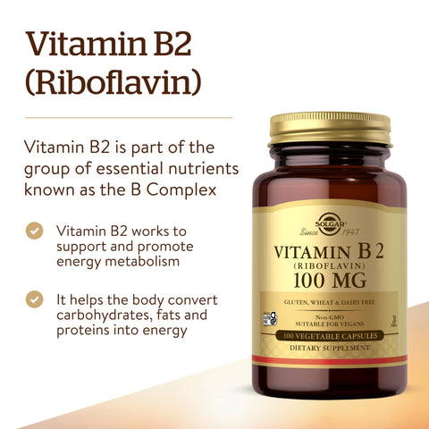Solgar Vitamin B2 (Riboflavin) 100Mg 100 Vegetable Capsules - Energy Metabolism Healthy Nervous System - Non-Gmo Vegan Gluten Free Dairy Free Kosher 100 Servings