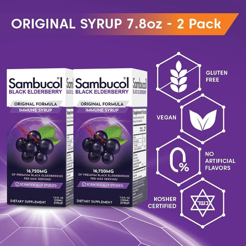 Sambucol Black Elderberry Syrup - Sambucus Syrup Black Elderberry Liquid Immune Support For Kids And Adults High Antioxidants Gluten - Original Formula 7.8 Fl Oz 2-Pack