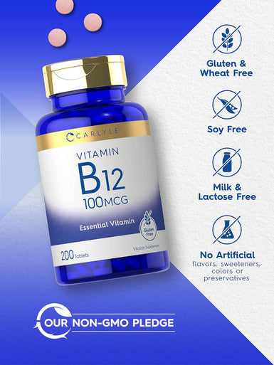 Carlyle Vitamin B12 100mcg | 200 Tablets | Essential Vitamin Supplement | Vegan Non-GMO and Gluten Formula