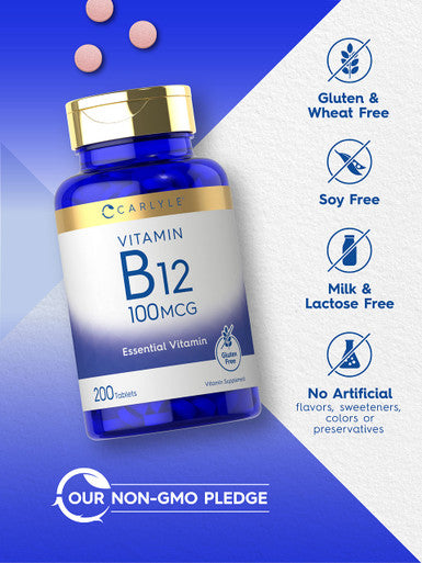 Carlyle Vitamin B12 100Mcg | 200 Tablets | Essential Vitamin Supplement | Vegan, Non-Gmo, And Gluten Free Formula