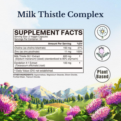 Vitalitown Milk Thistle Complex 30X Extract & Std. 80% Silymarin Choline + Dandelion Root + Zinc Superior Liver & Antioxidant Support Vegan, Non-Gmo, No Dairy 600 Mg 60 Veggie Caps