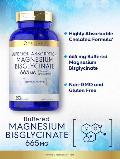 Carlyle Buffered Magnesium Bisglycinate 665 mg | 250 Capsules | Chelated Essential Mineral | Non-GMO and Gluten Supplement