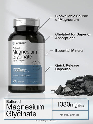Buffered Magnesium Glycinate | 1330mg | 250 Capsules | with Chelated Minerals | Non-GMO, Gluten Free | by Horbaach