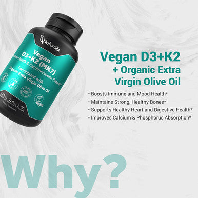 Naturalis Vegan Vitamin D3 + K2 From Algae 5000Iu Vitamin D With 120Mcg Mk7 Vitamin K Vegan Society Certified, Sustainably Sourced, Better Than Animal Derived 60 Veggie Softgels