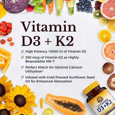 Vitalitown Vitamin D3 K2 Supplement Vitamin D3 10000 Iu Vitamin K2 (Mk7) 200 Mcg 300 Softgels Non-Gmo No Gluten & Soy For Bone Teeth Immune & Heart Health