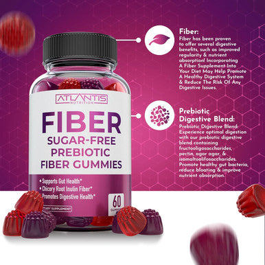 Atlantis Nutrition Sugar Fiber Gummies For Adults - 5G Fiber Supplement Formulated With 5.4G Prebiotic Digestive Blend - Supports Gut Health & Promotes Healthy Digestion - 2-Pack 120 Gummies