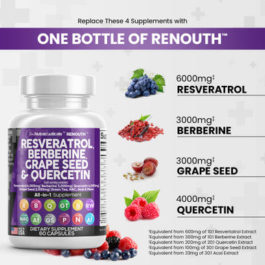 Resveratrol Berberine Grape Seed Quercetin Polyphenol Supplement 60 ct