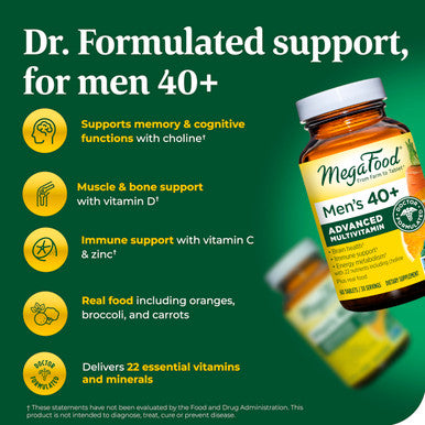 MegaFood Men'S 40+ Advanced Multivitamin For Men - Dr-Formulated - Choline Vitamin B Vitamin C Vitamin D Zinc & Real Food Brain Health Immune Support Vegetarian Supplement 60 Tabs -30 Servings