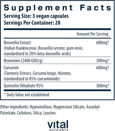 Vital Nutrients BCQ | Vegan Boswellia Bromelain Curcumin & Quercetin Supplement | Joint Support Supplement | Supports Sinus & Digestive Health | Gluten Dairy Soy | 60 Capsules