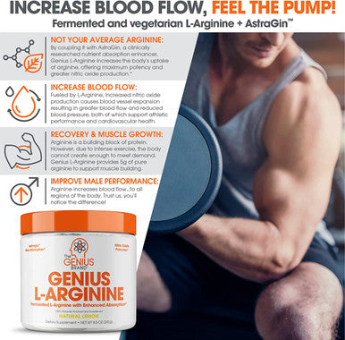 Genius L Arginine Powder Fermented LArginine Nitric Oxide Supplement Natural Muscle Builder NO Booster for Healthy Blood Pressure Protein Synthesis and Strength Building Lemon 30 Sv