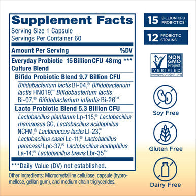 ReLife Adult Probiotic Ultimate Flora Everyday Probiotic Shelf Stable Probiotic Supplement 15 Billion 60 Vegetable Capsules Packaging May Vary