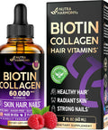 Liquid Biotin & Collagen - Vitamins For Hair Growth Support For Women & Men - Extra Strength 60000 Mcg Drops - B7 Supplement - Strong Nails & Healthy Skin - 98% Faster Absorption Than Pills