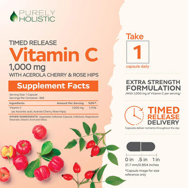 Purely Holistic Vitamin C 1000Mg + Organic Elderberry Syrup Bundle - 365 Vegan Capsules + 16 Fl Oz - With Rosehip, Acerola Cherry, Propolis Ecea & More - Made In Usa