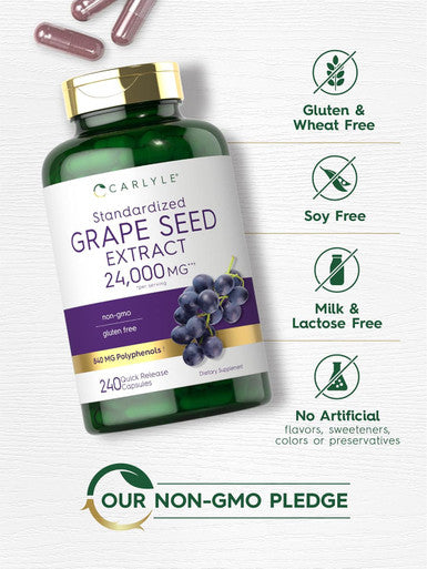 Carlyle Grape Seed Extract 24000 mg Equivalent 240 Capsules | Maximum Strength Standardized Extract | Non-GMO Gluten