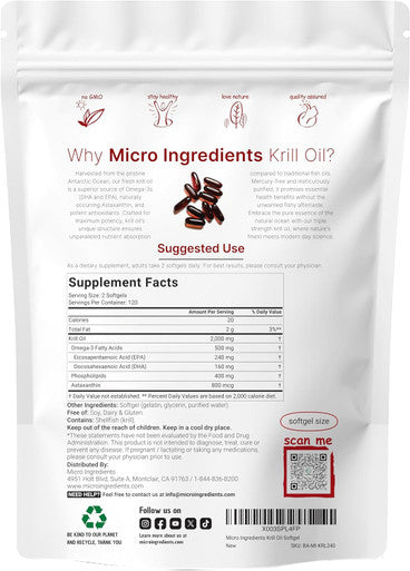 Micro Ingredients Antarctic Krill Oil Supplement 2000mg Per Serving 240 Softgels Triple Strength Rich in Omega-3s EPA DHA & Natural Astaxanthin Supports Immune System & Brain Health