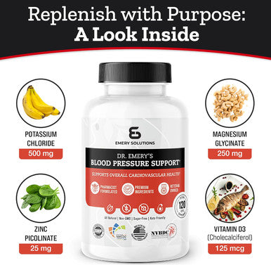 Dr Emery'S Blood Pressure Support Supplement With Magnesium, Zinc, Vitamin D3, & Potassium, Vegan-Approved, Sugar-Free, Formulated By Clinical Pharmacist, 120 Capsules, 30 Day Supply