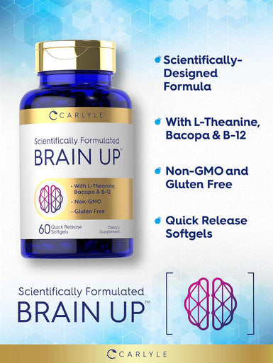 Carlyle Brain Up Supplement | 60 Softgels | with L-Theanine Bacopa & B-12 | Non-GMO Gluten