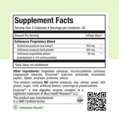 Maxi Health Echinacea - 4% Echinacosides Standardized Extract - Immune Boost - 60 Capsules - Kosher (QECH)