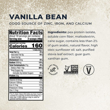 Evolve Plant Based Protein Powder, Vanilla Bean, 20G Vegan Protein, Dairy , No Artificial Flavors, Non-Gmo, 10G Fiber, Exclusive, 2 Pound (Packaging May Vary)