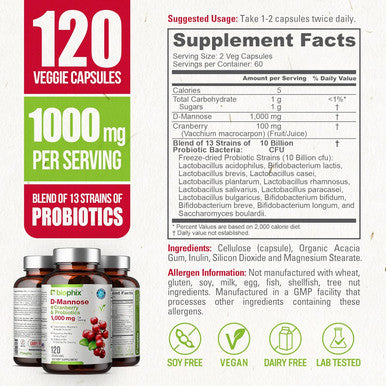 Biophix D-Mannose With Cranberry And Probiotics, D Mannose 1000Mg Capsules Serving - 120 Vcaps - Support Urinary Tract Health For Women And Men, Bladder Health And Digestive Well Being