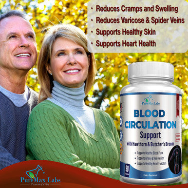 YUMMYVITE Blood Circulation Supplement - With Hawthorn, Butchers Broom, Horse Chestnut, Arginine, Diosmin, Varicose Veins Treatment, Circulation Support - 90 Capsules
