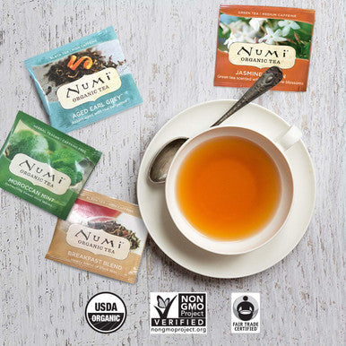 Numi Organic Tea Variety Pack 18 Count Box of Tea Bags (Pack of 4) Aged Earl Grey Breakfast Blend Jasmine Green & Moroccan Mint (Packaging May Vary)