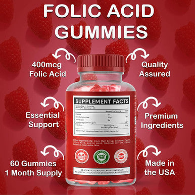 Folic Acid Gummies 400Mcg - Essential Prenatal & Pregnancy Gummy For Women, Moms & Baby To Be - 60 Raspberry Flavored Folate Gummy Vitamins - Made In The Usa