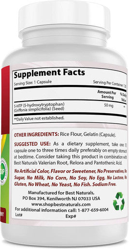 Best Naturals 5-HTP 50 mg 120 Capsules 5 HTP Capsules Supports Relaxation & restful Sleep