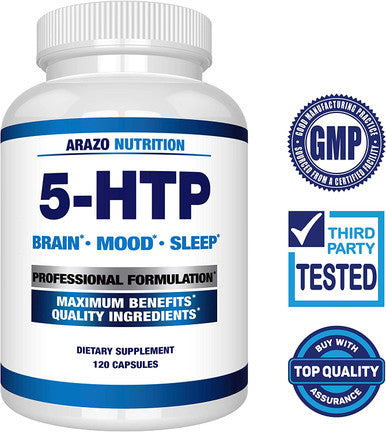 5HTP 200mg Plus Calcium for Mood Sleep Supports Calm and Relaxed Mood 99 High Purity 120 Capsules Arazo Nutrition