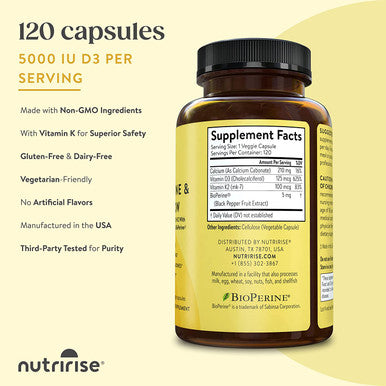 NutriRise Vitamin K2 + D3 Supplement with Calcium & BioPerine - Shine & Flow - 120ct - 5000 IU: Gluten-Free, Immune & Energy Support, Vegetarian Capsules to Promote Bone Health & Joint Comfort