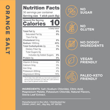 LMNT Zero Sugar Electrolytes Orange Salt Hydration Packets 30 Sticks
